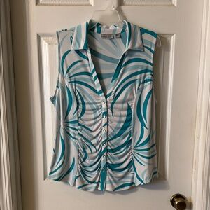 New York & Company White and Blue Sleeveless Blouse